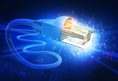 Ağ kablosu gelecekteki teknolojik altyapıyı aşıyor. 3d illüstrasyon