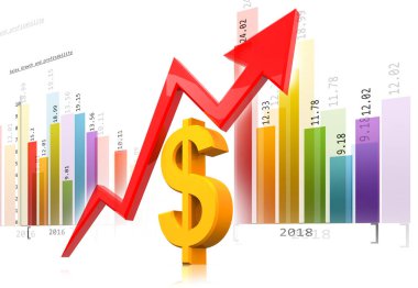 Dolar büyümesinin dijital grafik çizelgesi. Ok dolar işaretinin üzerine çıkıyor. 3d illüstrasyon