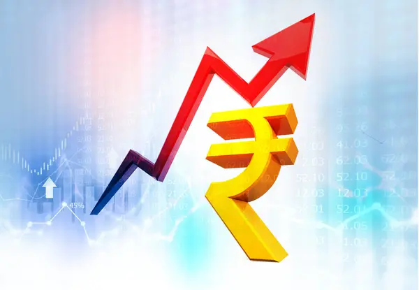 Moving growth arrow with Rupee sign. Increase in Indian Rupee value concept. 3d illustration