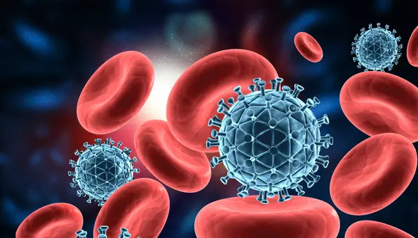 Virus Cell attacks immune system cells. Medical background. 3d render