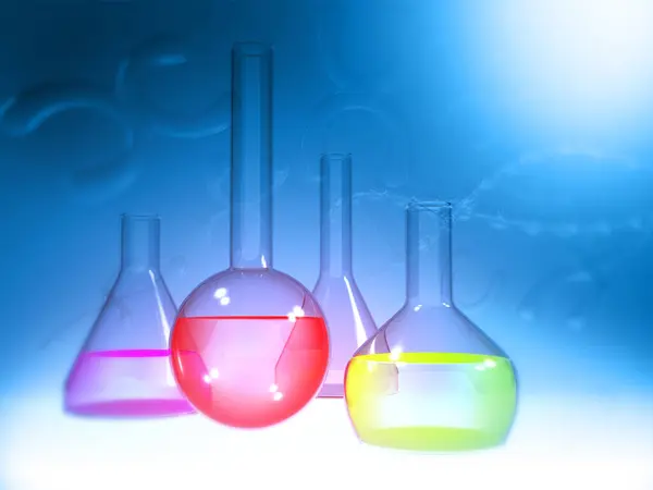 Laboratory flasks on scientific background. 3d illustration