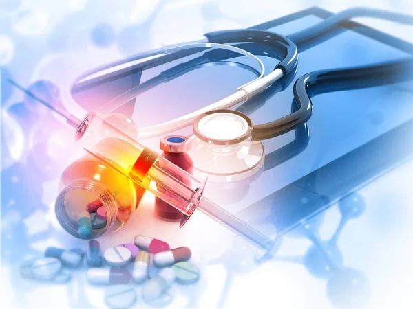 Stethoskop Und Medikamente Auf Wissenschaftlichem Hintergrund Illustration — Stockfoto