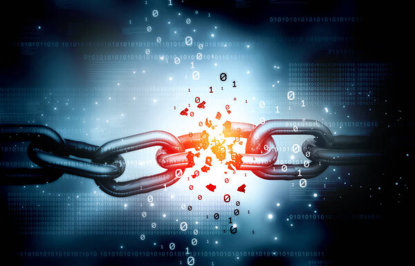 Разрушенная цепь данных. Концепция взлома данных. 3d иллюстрация