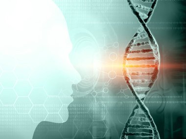 İnsan DNA molekülü. İnsan genomu araştırmaları, biyokimya geçmişi. 3d illüstrasyon