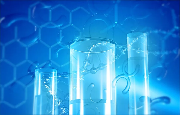 Science laboratory test tubes with DNA on scientific background. 3d illustration