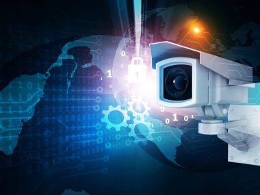 Teknoloji arka planında CCTV kamerası var. 3d illüstrasyon