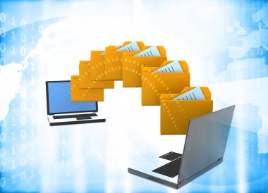 İki dizüstü bilgisayar transfer edilmiş belge. Veri, Dosya, Kağıt dosyaları olan klasörler. 3d illüstrasyon