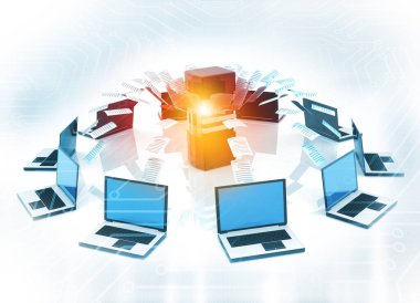 Dosyaları transfer et. Dosya paylaşımı. Bilgisayardan sunucuya. Yedek dosyalar. 3d illüstrasyon