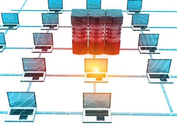 Computer networking. Servers with laptop.  3d illustration