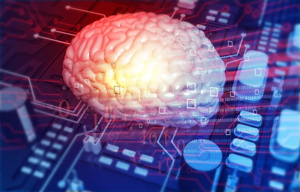 Leiterplatte Mit Menschlichem Gehirn Abstrakte Künstliche Intelligenz Illustration — Stockfoto