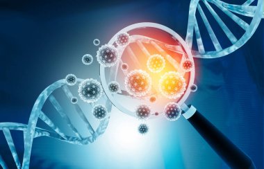 Büyüteçli DNA ve virüs hücreleri. 3d illüstrasyon