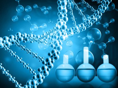 DNA ve molekülleri olan laboratuvar mataraları. Soyut bilim geçmişi. 3d illüstrasyon