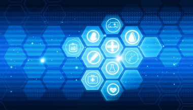 Tıbbi ikonların olduğu soyut tıp ve bilim konsepti. Dijital illüstrasyon