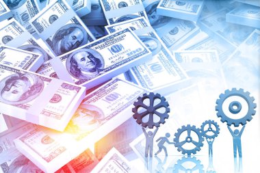 İşçiler ve dolar parası. Çalışkan insanlar para kazanır. 3d illüstrasyon