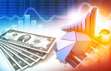 Finans ve iş konsepti. İş grafiği, pasta grafiği ve dolar notları. 3d illüstrasyon