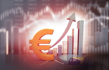 İş grafikli Euro sembolü. Borsa büyümesi. 3d illüstrasyon