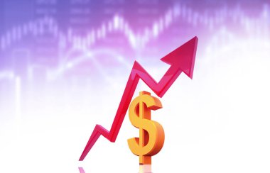 Ok grafiği olan dolar sembolü. Borsa büyümesi. 3d illüstrasyon
