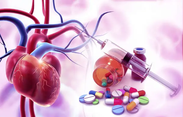 用药物对心脏进行解剖 玻璃瓶 药丸和注射器 3D说明 — 图库照片