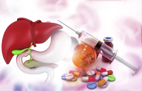 Leberanatomie Mit Pharmazeutischer Medizin Glasflasche Tabletten Und Eine Spritze Illustration — Stockfoto