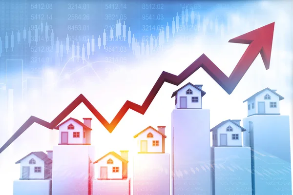 Real estate business growth graph. Arrow graph with house graph. 3d illustration
