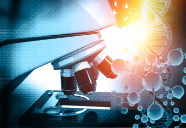 Bilimsel arka planda DNA molekülleri olan mikroskop. 3d illüstrasyon