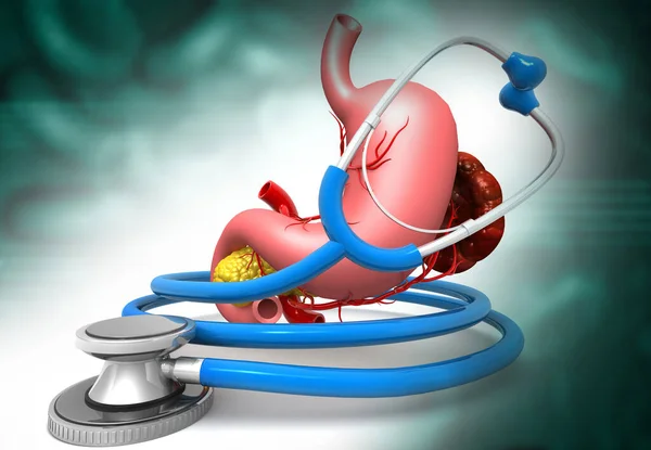 Human stomach with Stethoscope on a medical  background. stomach care and protection concept. 3d illustration