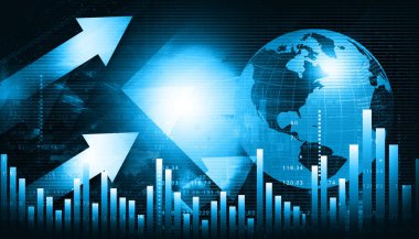 Uluslararası borsa. Borsa geçmişi olan bir dünya. 3d illüstrasyon