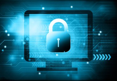 Siber güvenlik. Kapalı asma kilitli bilgisayar. Dijital illüstrasyon