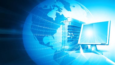 Modern bilgisayarlı bir dünya. Bilgi paylaşımı. 3d illüstrasyon