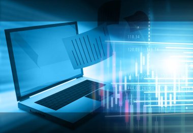 Borsa grafikli dizüstü bilgisayar. 3d illüstrasyon