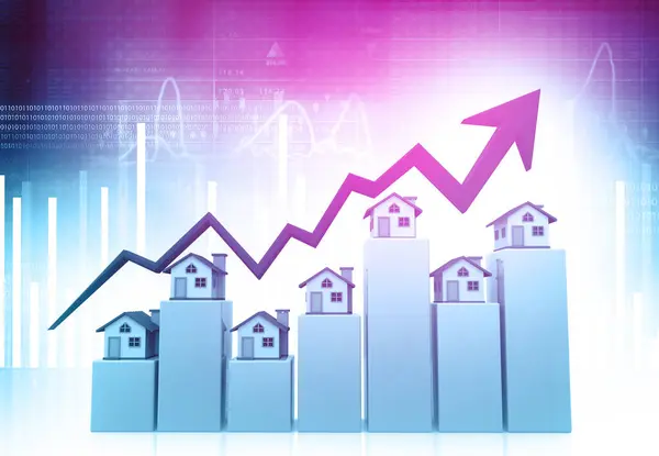 Real estate growth graph. House graph with rising arrow on business background. 3d illustration