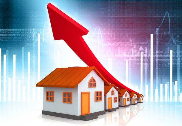 Real estate growth graph. House graph with rising arrow on business background. 3d illustration