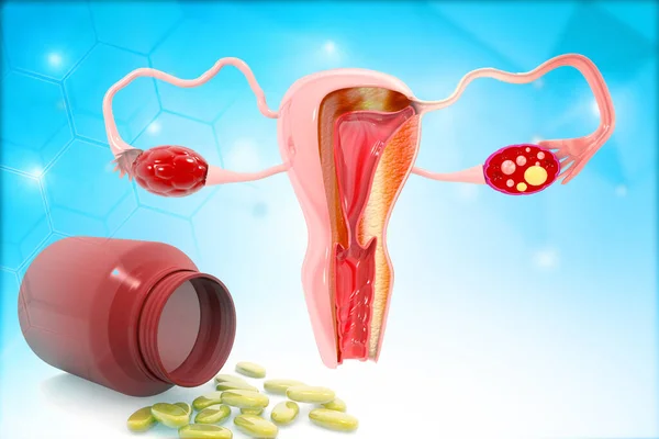 Uterus Anatomie Mit Medizin Gesundheitspillen Medikament Auf Blues Hintergrund Illustration — Stockfoto