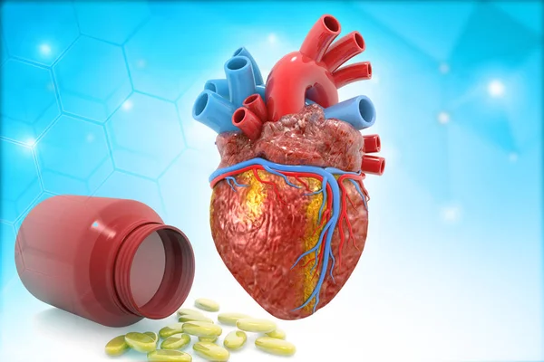 Human Heart anatomy with medicine health pills drug on blues background. 3d illustration