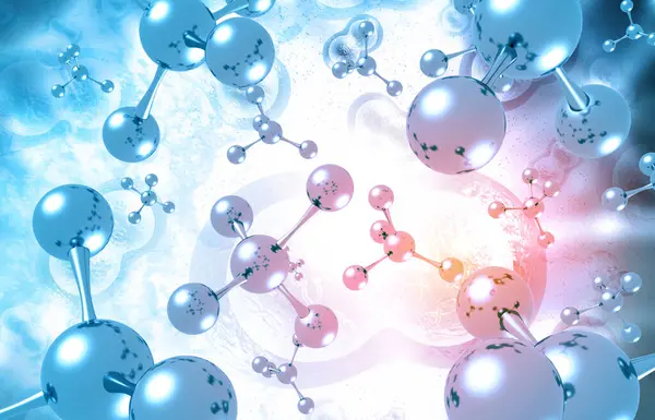 Atom molecule structure with scientific background. 3d illustration