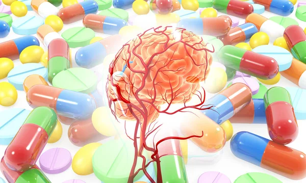 Human brain anatomy on medicine pills background. 3d illustration