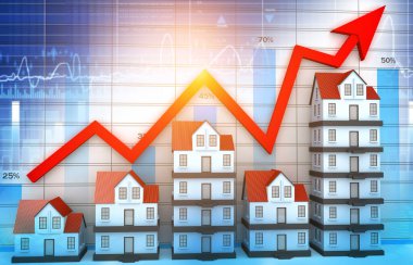 Ev grafiği ile ok grafiği. Emlak sektöründe büyüme. 3d illüstrasyon