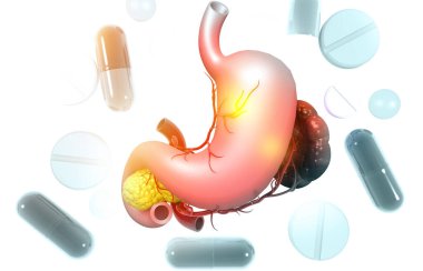 İnsan mide anatomisi ve ilaç hapları. Bilim geçmişi. 3d illüstrasyon