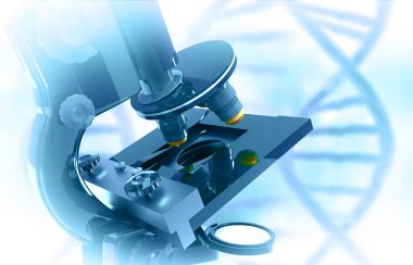Tıbbi ekipman. Bilimsel arka planda DNA olan mikroskop. 3d illüstrasyon