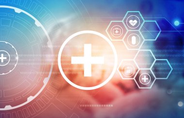 Dijital arayüz arka planında tıbbi sağlık ikonu. Dijital illüstrasyon