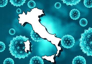 Corona virüsü İtalya 'ya saldırdı. İtalya haritası virüs arka planında. 3d illüstrasyon