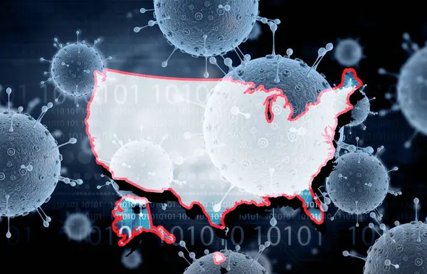 Corona virus attack in USA. USA map on virus background. 3d illustration