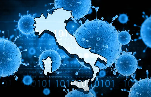 Corona virus attack in Italy. Italy map on virus background. 3d illustration