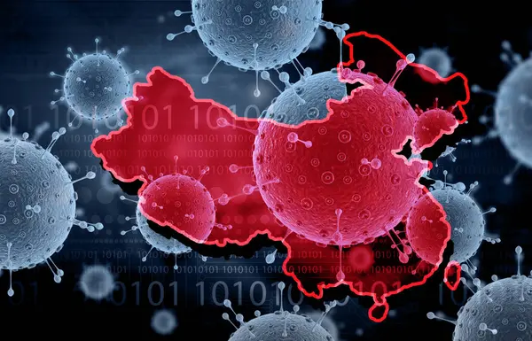 Corona virus attack in China. China map on virus background. 3d illustration