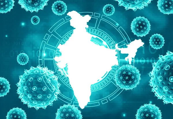 Corona virus attack in India. Indian map on virus background. 3d illustration