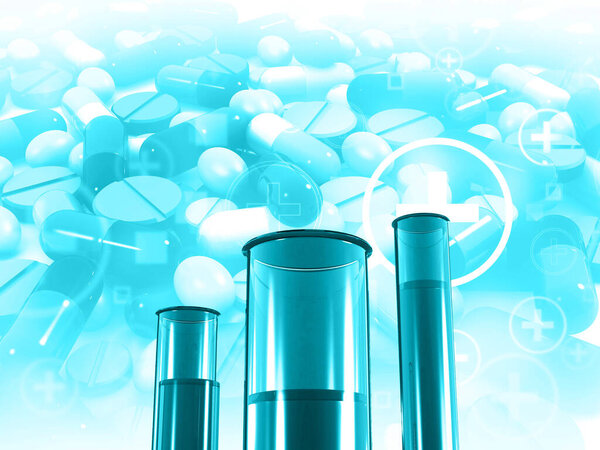 Medicine experiment in lab. Test tubes with medcine pills. 3d illustration	