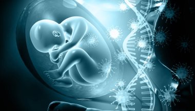 Virüs taşıyan insan fetüsü DNA ipliğine bulaştı. 3d illüstrasyon