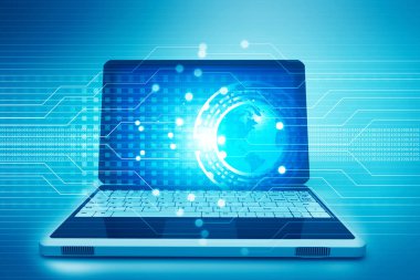 Soyut Hitech arka planında dizüstü bilgisayar. 3d illüstrasyon