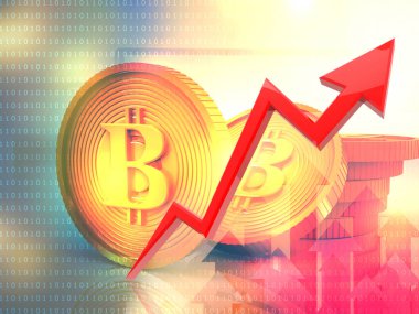 Bitcoin yığını ve büyüme oku. Bitcoin büyümesi. 3d illüstrasyon