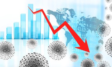 Düşen ok grafiğiyle Coronavirus. Coronavirus etkisi, borsa çöküşü konsepti. 3d illüstrasyon 
